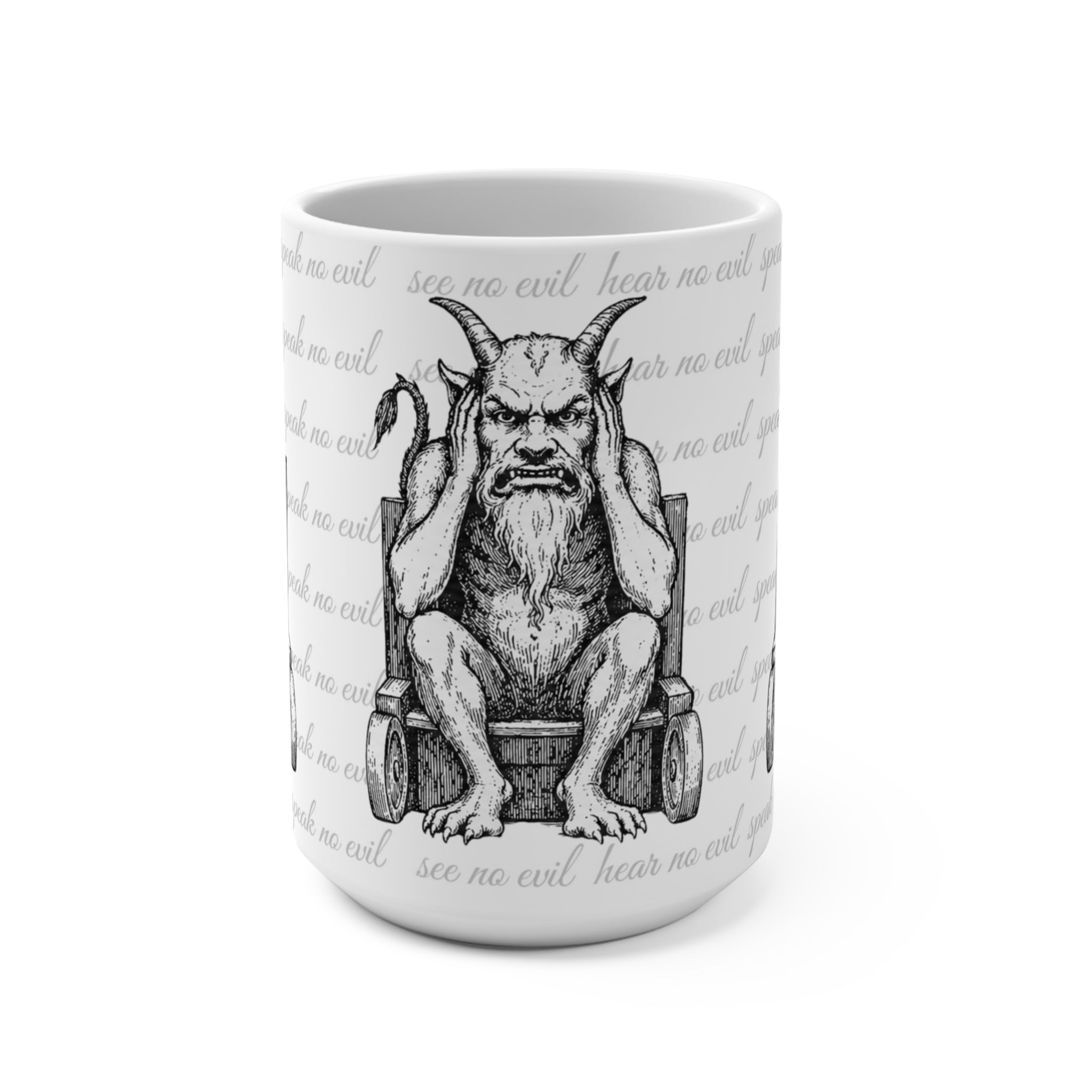 15oz Ceramic Mug — Three Wise Demons (Hear No Evil, Speak No Evil, See No Evil) Gothic Illustration