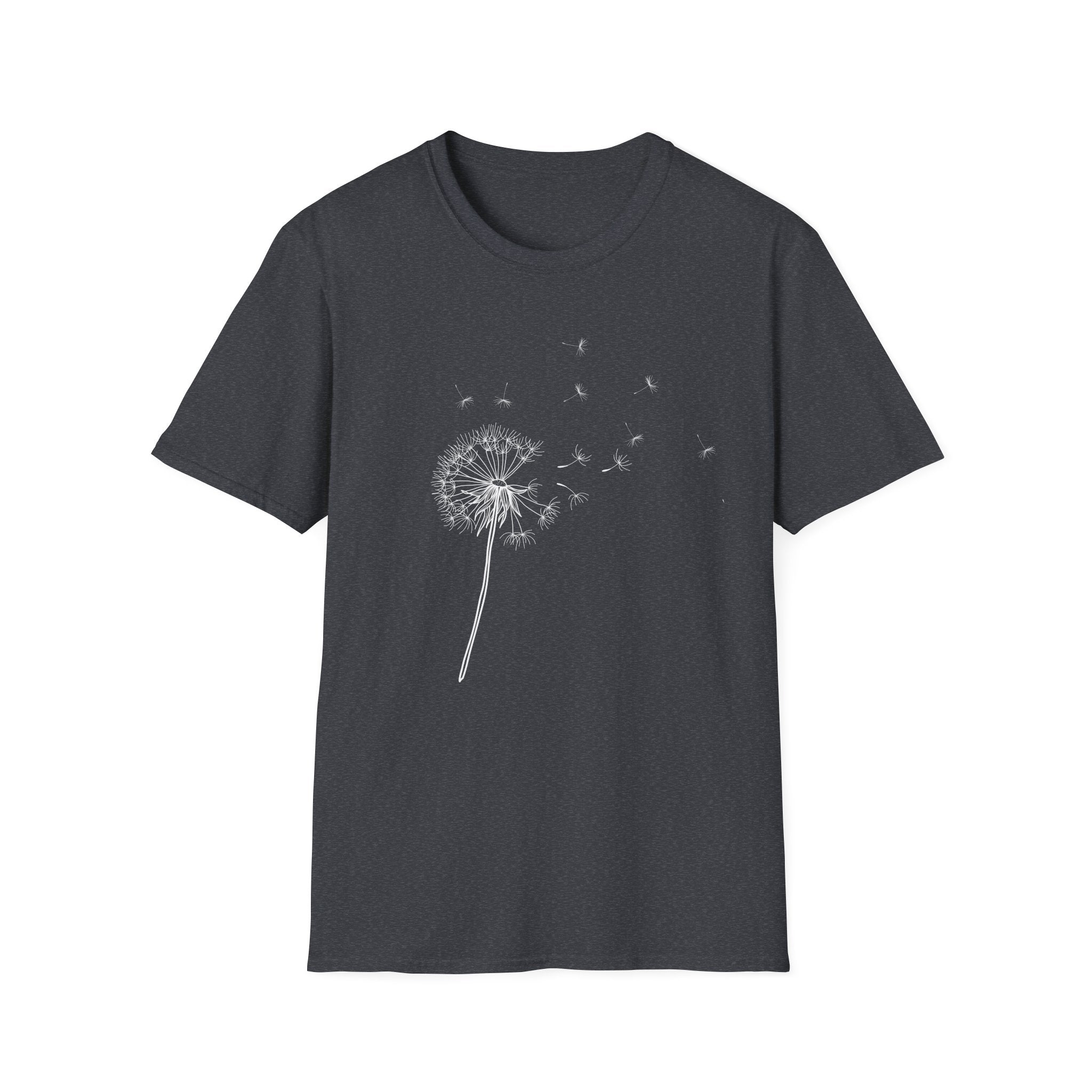 Dandelion Wishes T-Shirt — Minimal Floral Tee with Blowing Seeds