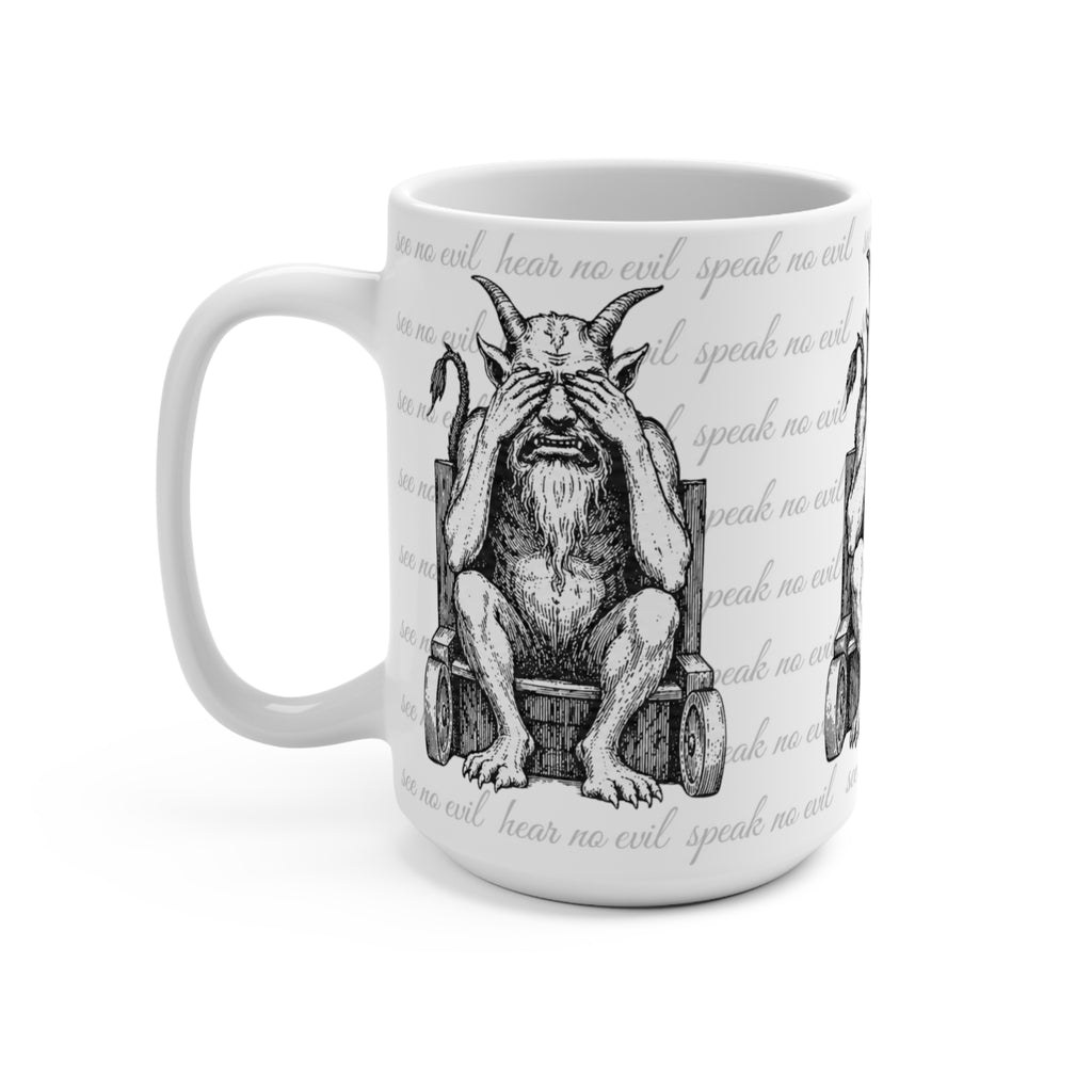 15oz Ceramic Mug — Three Wise Demons (Hear No Evil, Speak No Evil, See No Evil) Gothic Illustration