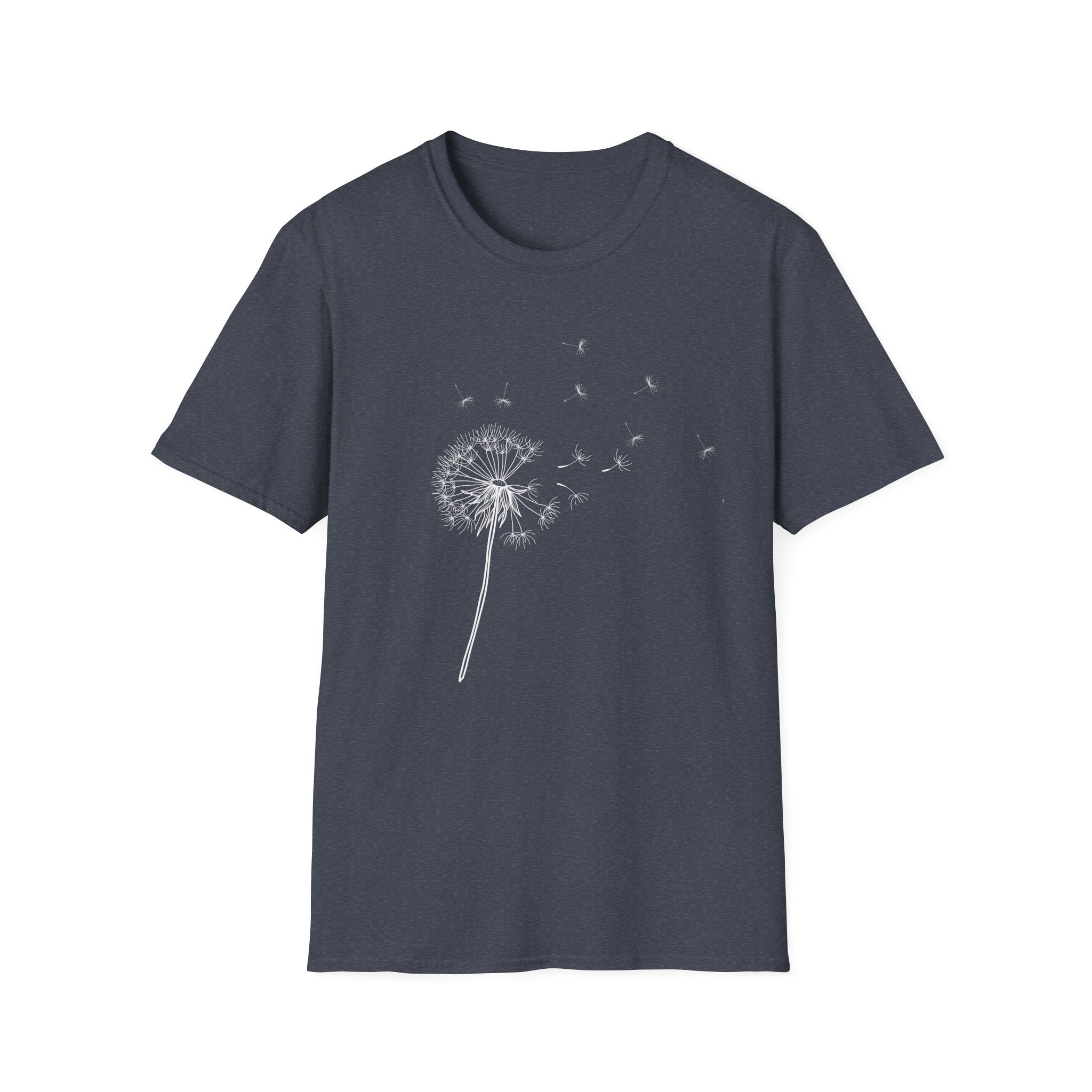 Dandelion Wishes T-Shirt — Minimal Floral Tee with Blowing Seeds