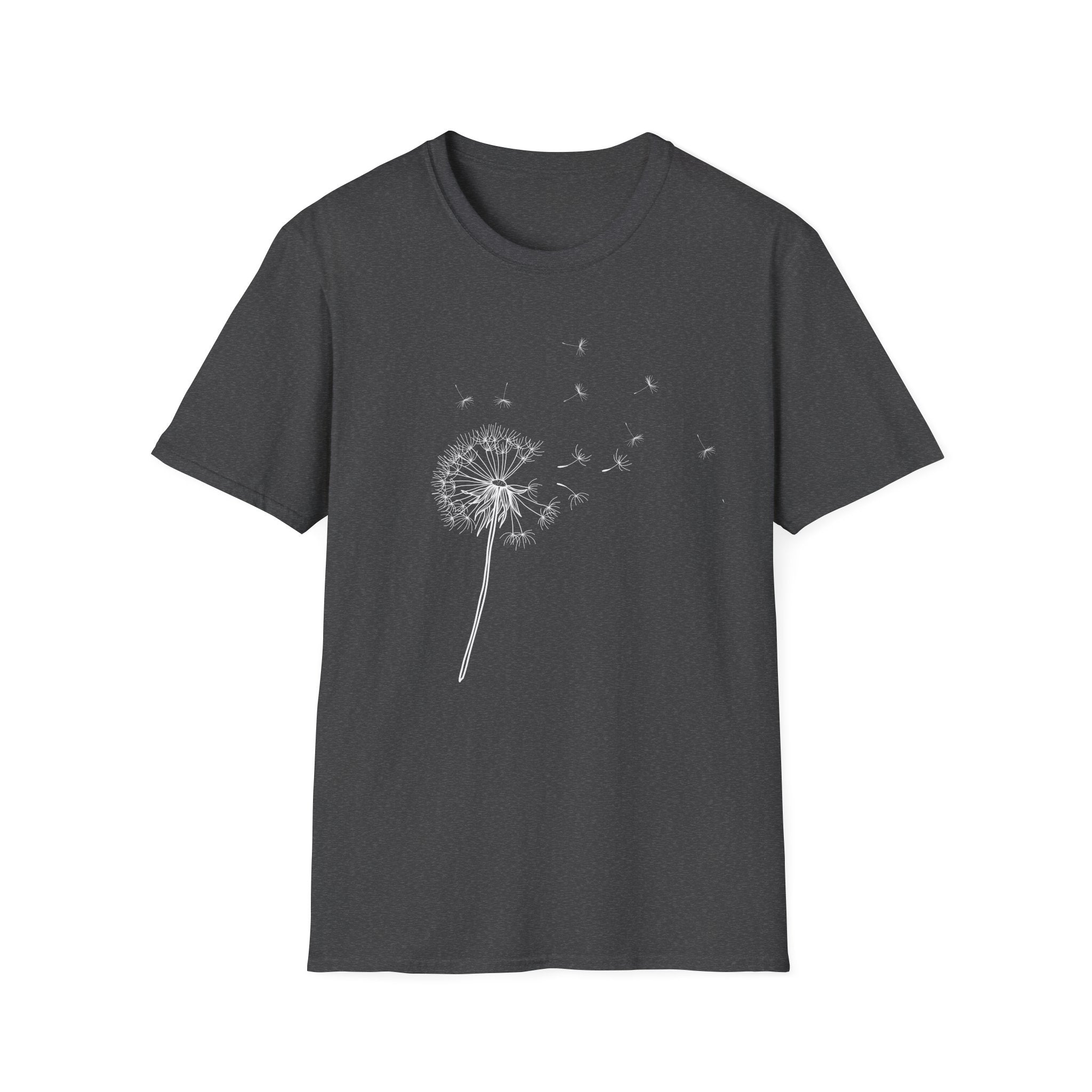 Dandelion Wishes T-Shirt — Minimal Floral Tee with Blowing Seeds