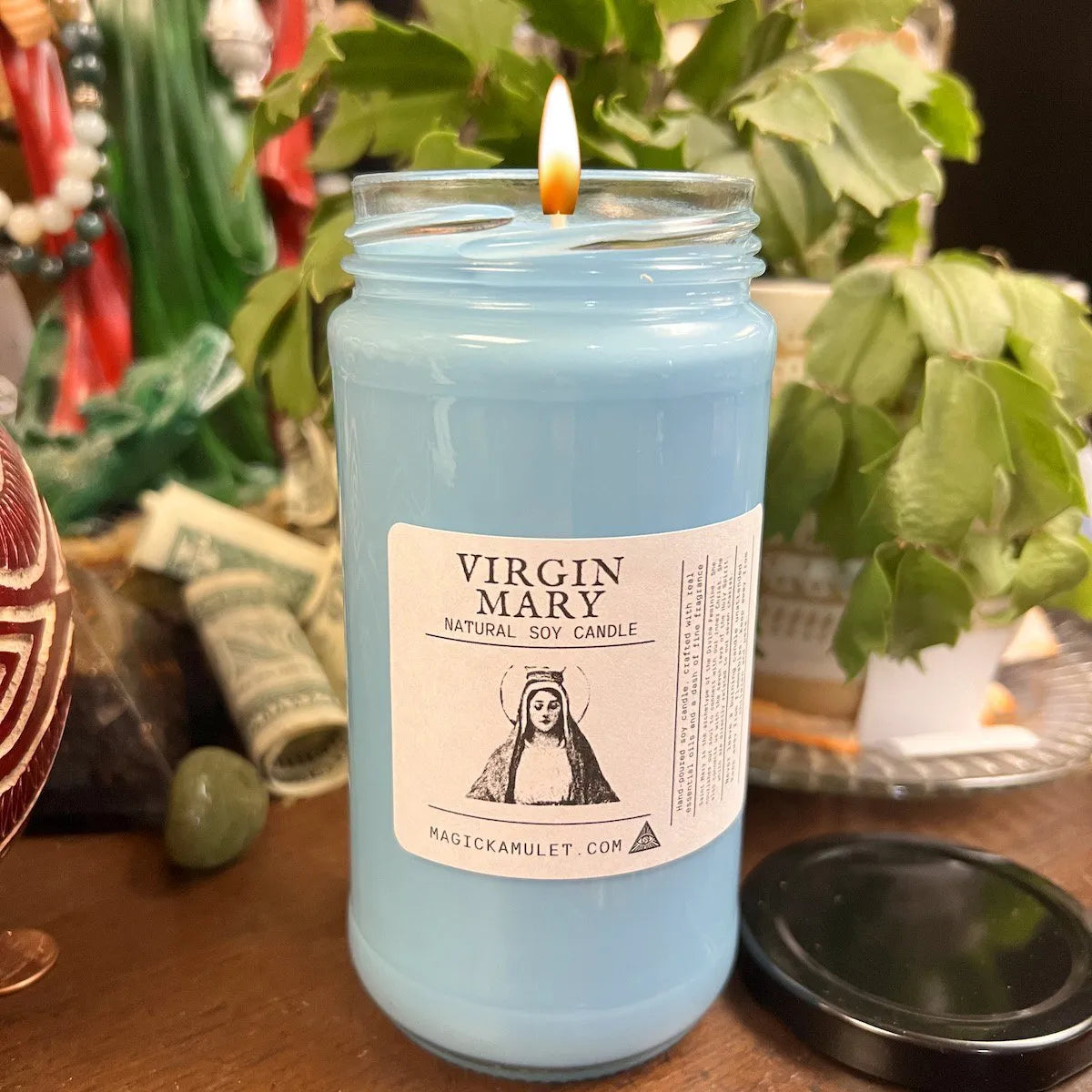 Virgin Mary Jar Candle by Rev. Roy – Divine Protection, Grace, and Spiritual Comfort
