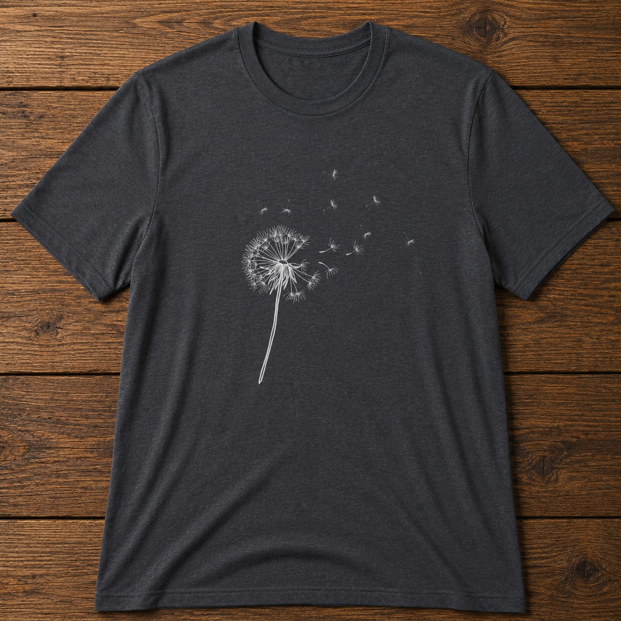Dandelion Wishes T-Shirt — Minimal Floral Tee with Blowing Seeds