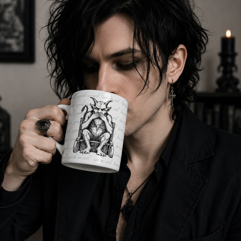 15oz Ceramic Mug — Three Wise Demons (Hear No Evil, Speak No Evil, See No Evil) Gothic Illustration