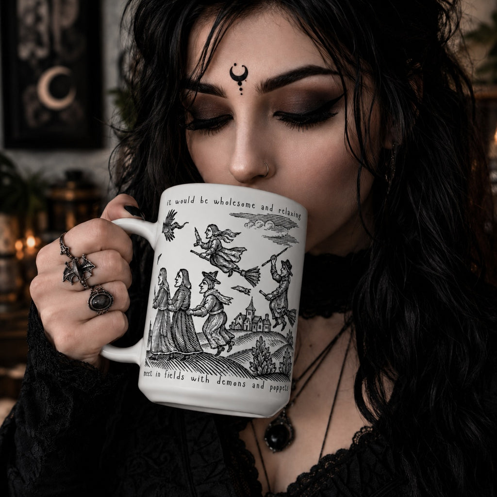 15oz Witchcraft Illustration Mug — Vintage Devil & Witches Art Coffee Cup
