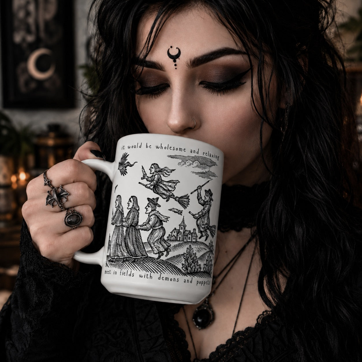 15oz Witchcraft Illustration Mug — Vintage Devil & Witches Art Coffee Cup